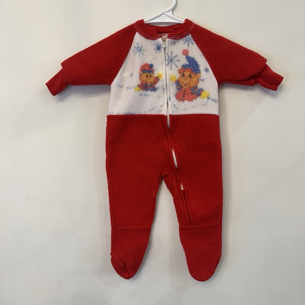 VTG 80's Baby First Christmas Sleeper Footed Pajama‎ Mouse Bear Red 6 Mos Zip